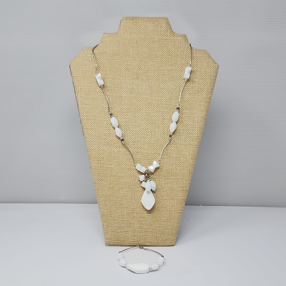 White Teardrop Pendant Necklace with Beaded Clusters